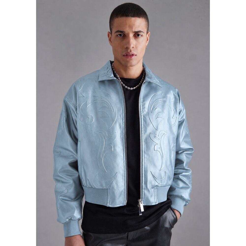 NWT BooHooMAN Small Embossed Pu Baroque Boxy Bomber Jacket in Dusty Blue